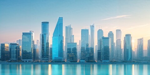 Fototapeta premium Business, City Skyline in Soft Morning Light Website Hero Banner.