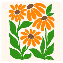 A modern graphic illustration of bright orange daisies. A simple and colorful vector of cheerful flowers with green leaves.