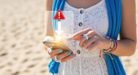 Woman Using Smartphone with Download Error Alert on Beach, Showing Vulnerability and Security Concerns
