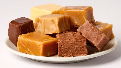 Assorted caramel and chocolate fudge squares on a plate