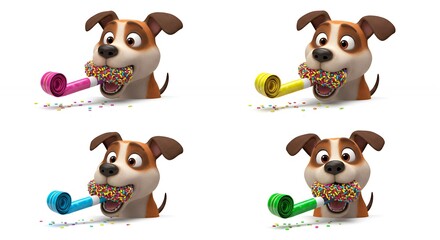 Cheerful cartoon dogs with party horns
