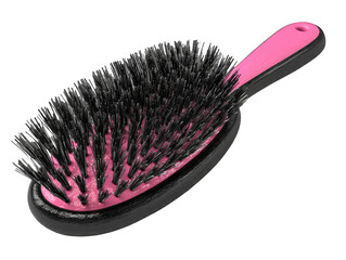 Oval-shaped hairbrush with a pink handle and black bristles