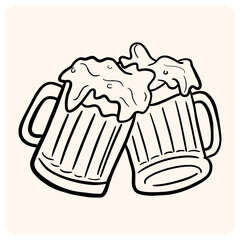 Cheering Beer Mugs with Frothy Foam Line Art