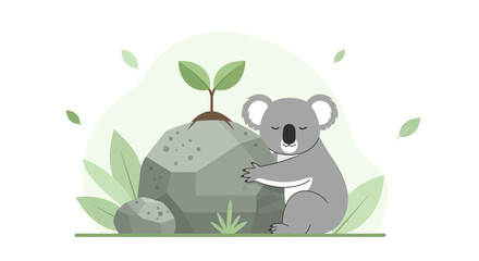 Fototapeta premium Cute koala hugging a rock with a small plant growing, in a peaceful scene