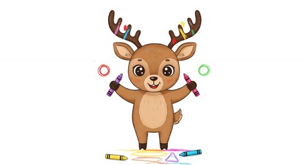 Cute cartoon deer holding crayons