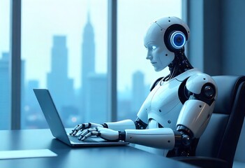 Generative AI depicts a futuristic android diligently working on a laptop computer with cityscape