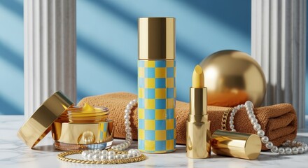 Luxury Cosmetic Product Display with Golden Accents: Cream, Serum, and Lipstick on Marble Surface