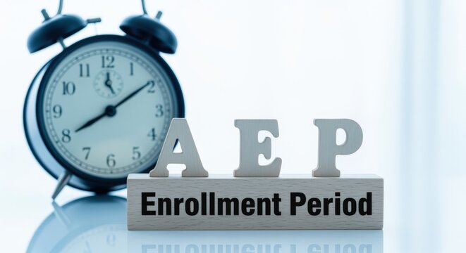 Annual Enrollment Period Concept: Clock and Wooden Letters on a Reflective Surface, Deadline Reminder