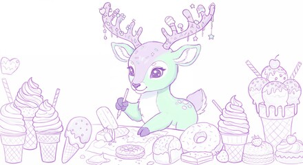 Cute deer surrounded by sweets illustration