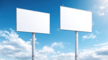 Two Blank Billboard Mockups Against a Clear Blue Sky with Clouds for Outdoor Advertising