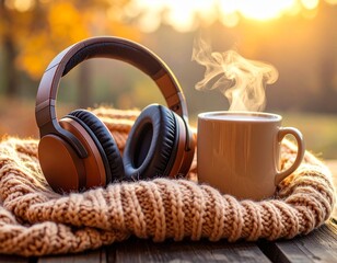 Cozy Autumn Scene with Headphones, Knit Sweater, and Steaming Mug on Wooden Table