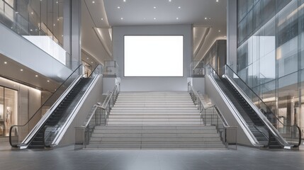 Modern Interior with Escalators, Stairs, and Blank Billboard for Advertising Mockup in a Commercial Space