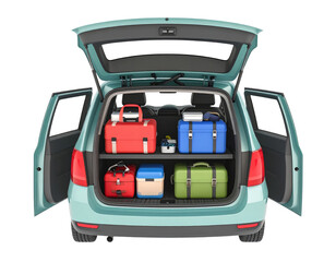 Car trunk filled with colorful luggage, suitcases, and travel bags, ready for road trip or vacation, evoking excitement and adventure for family or friends traveling together