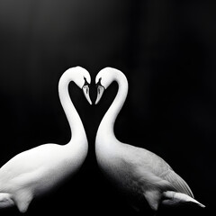 Naklejka premium Two white swans, facing each other, create a heart shape with their necks and heads against a solid black background. The birds appear realistic.