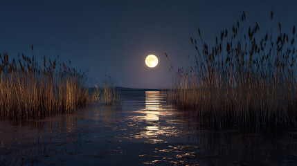A full moon illuminates a tranquil lake scene at dusk, with reeds lining the water's edge. Reflections of the moon appear in the still water.