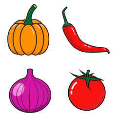 Fresh Vegetable Set – Pumpkin, Chili, Onion, and Tomato Vector Illustration, organic food