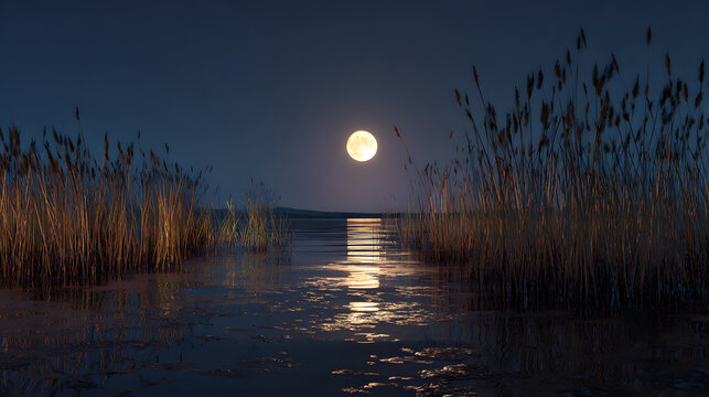 A full moon illuminates a tranquil lake scene at dusk, with reeds lining the water's edge. Reflections of the moon appear in the still water. - Powered by Adobe