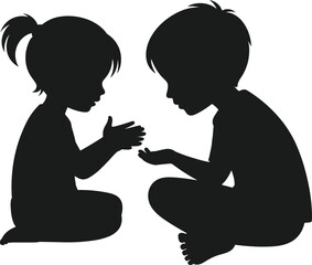 Children silhouette sitting, playful interaction pose, facing each other gesture, childhood communication moment, black outline figures, emotional bonding art, minimal white background design.