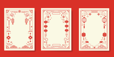 Chinese New Year poster vector set. Elegant card template design with frame, lantern, cloud, wave, firework, flower in red line art. Oriental illustration for cover, calendar, envelope, package.