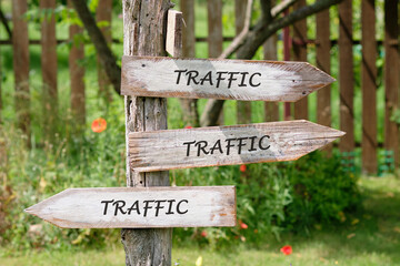 Smart city digital transformation development concept. Copy space. TRAFFIC word written on Wooden signs indicating the directions of movement
