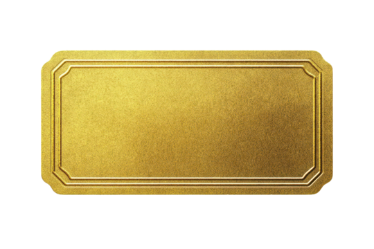Blank golden ticket isolated on white background showcasing top view design perfect for creative projects or event promotions without any branding