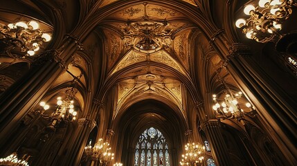 Fototapeta premium Looking Up at Ornate Architectural Interior with Chandeliers