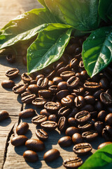 Obraz premium Arabica Coffee Beans with Green Leaves