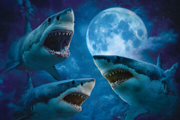 Fototapeta premium Three great white sharks are displayed against a dark blue, night sky with a large full moon looming over them. Sharks appear fierce, with open mouths.