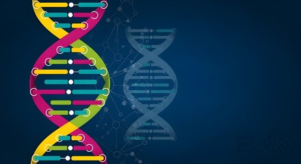 Colorful DNA Helix Structure on a Blue Background, Conceptual Graphic for Science and Genetics