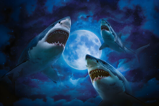 Three great white sharks with open mouths are menacingly positioned against a dark, starry sky and a large full moon. Sharks are the primary focus.