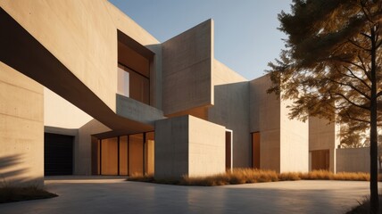 Modern Concrete House at Golden Hour Sunlight