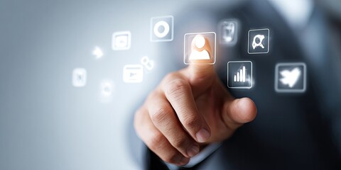 Hand interacting with digital social media icons