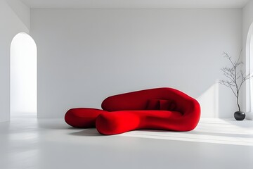 Modern red sofa creating bold statement in minimalist interior design with arched doorway and natural light