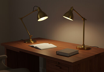 Warm Illuminated Study Desk Books Brass Lamps
