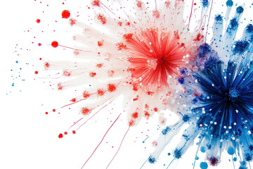 Colorful blue and red fireworks burst against a white background celebrating a festive occasion