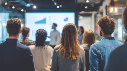 Diverse business people listening to a presentation in a modern conference room