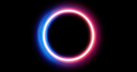 Oval neon ring of pink and blue light against a black background