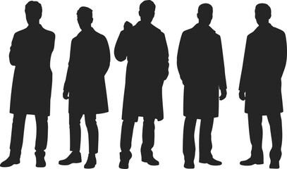 Male silhouette group, long coat fashion, standing pose variation, body language study, black figure design, urban style concept, minimalist art, posture expression, modern attitude.