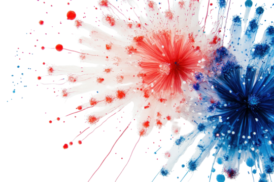 Colorful blue and red fireworks burst against a white background celebrating a festive occasion