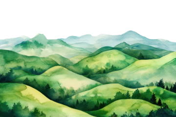 Vibrant watercolor depiction of rolling green hills under a sunny sky capturing the essence of a serene landscape inspired by St. Patrick's Day celebrations
