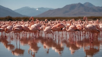 Naklejka premium Pink Flamingos in a Pristine Wetland Landscape