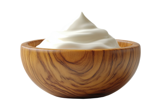 Fresh sour cream in wooden bowl