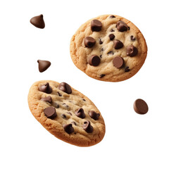 Delicious chocolate chip cookies isolated against a dark transparent background with floating chocolate chips