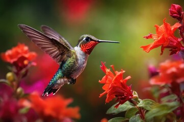 Obraz premium Ruby-throated Hummingbird Hovering Near Red Flowers, Wings Extended, Detailed Close-Up