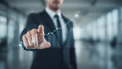 Businessman Pointing at Virtual Financial Growth Interface in Modern Office