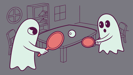 Two friendly ghosts are playing ping pong on a table in a dimly lit room with a bookshelf and a window