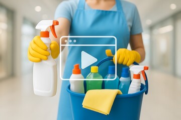 Cleaning service worker with cleaning supplies and a video play icon overlay