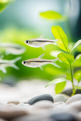Obraz premium A serene underwater scene featuring tropical fish swimming gracefully among lush green plants and smooth pebbles.