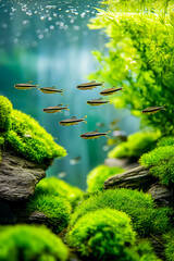 A serene underwater scene with lush green plants and small fish swimming among rocks, showcasing aquatic beauty.
