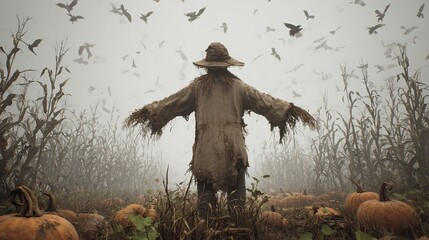 A spooky scarecrow standing in a cornfield under a crescent moon, with open space on the right for a message